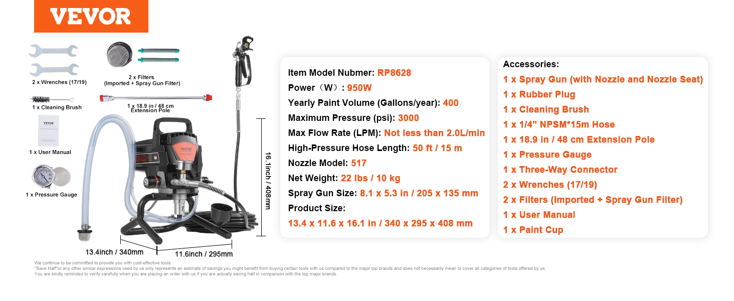 VEVOR airless paint sprayer with 950w power, spray gun, hose, and various accessories. complete set.