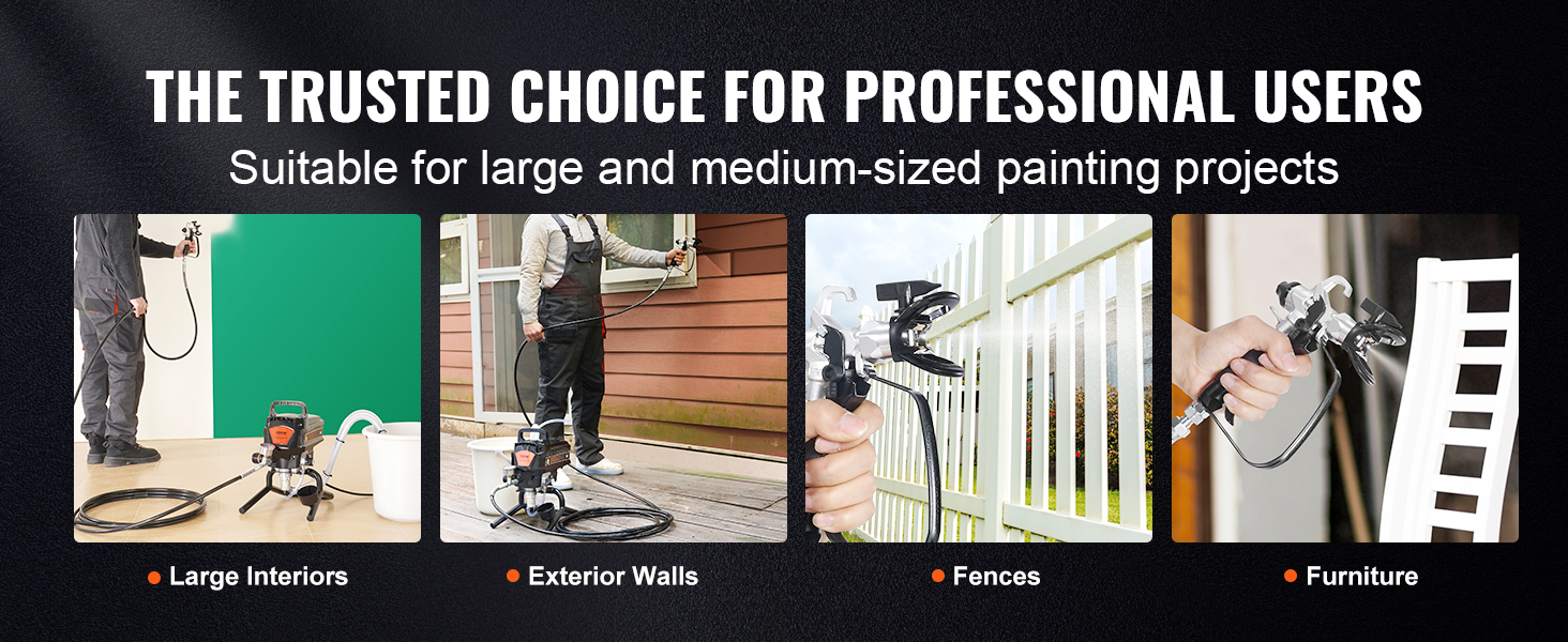 VEVOR airless paint sprayer for large interiors, exterior walls, fences, and furniture painting projects.