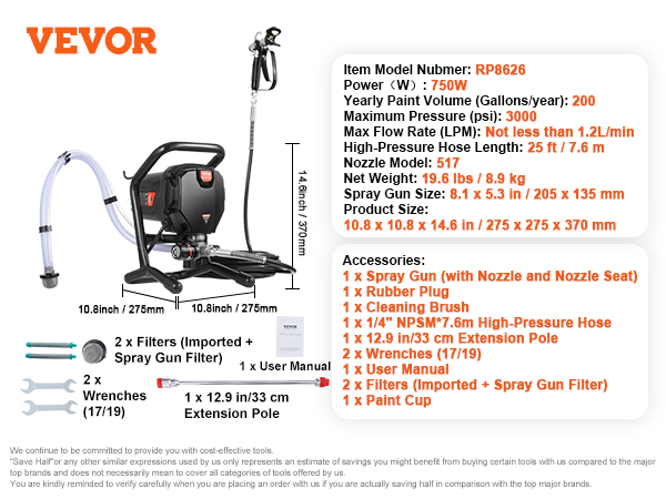 VEVOR airless paint sprayer rp8626, 750w, max psi 3000, high-pressure hose, cleaning brush, wrenches.