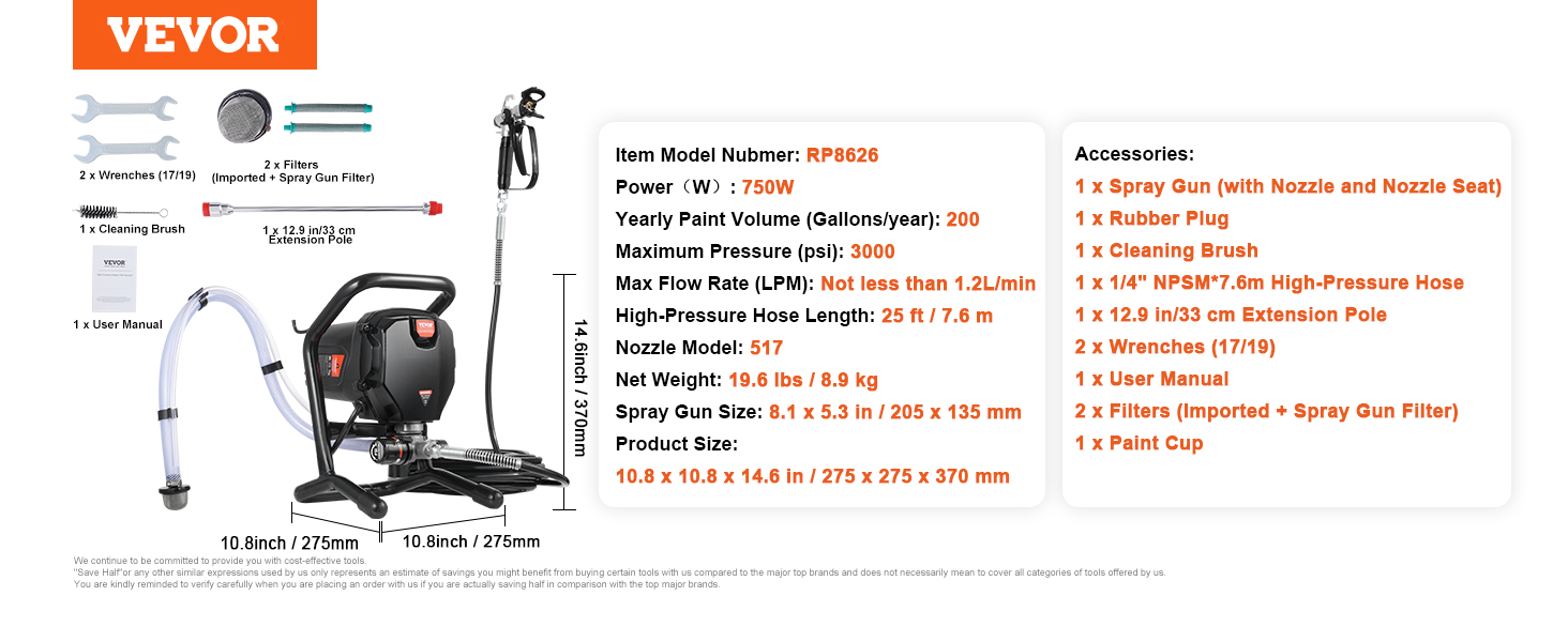 VEVOR airless paint sprayer rp8626, 750w, max psi 3000, high-pressure hose, cleaning brush, wrenches.