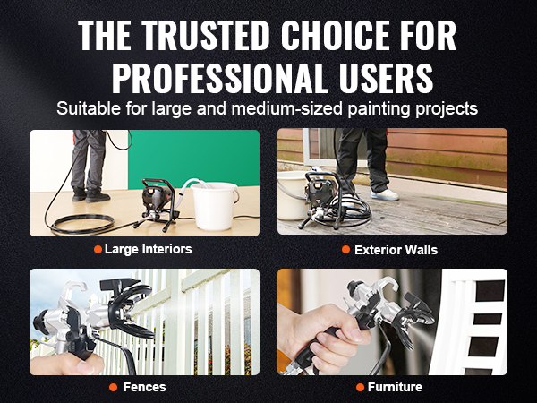 VEVOR airless paint sprayer for large interiors, exterior walls, fences, and furniture projects.