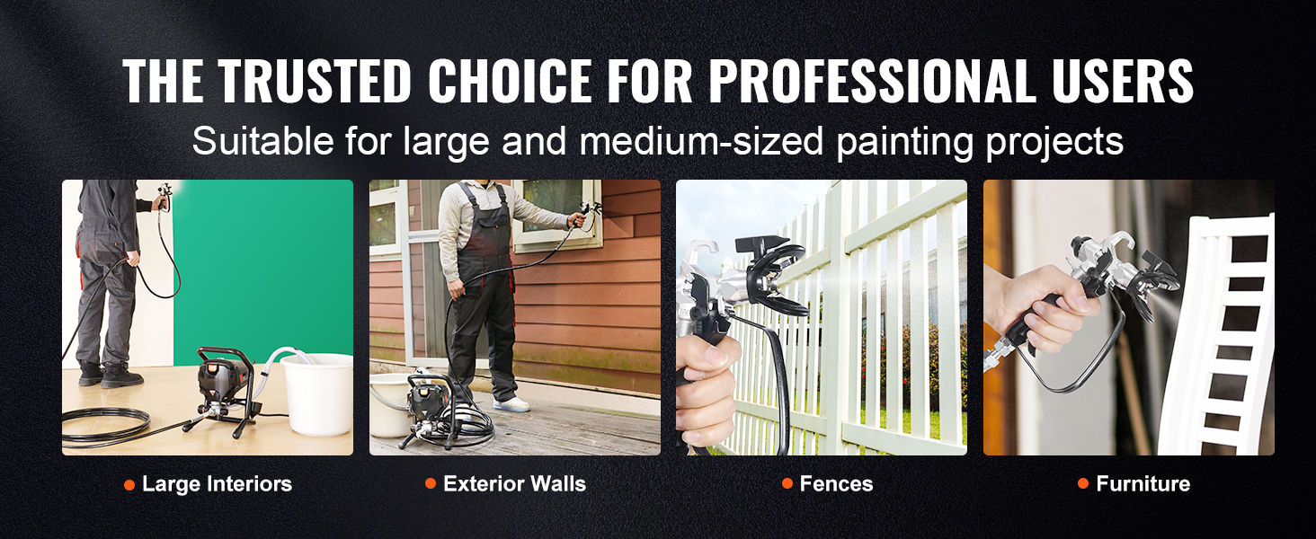 VEVOR airless paint sprayer for large interiors, exterior walls, fences, and furniture projects.