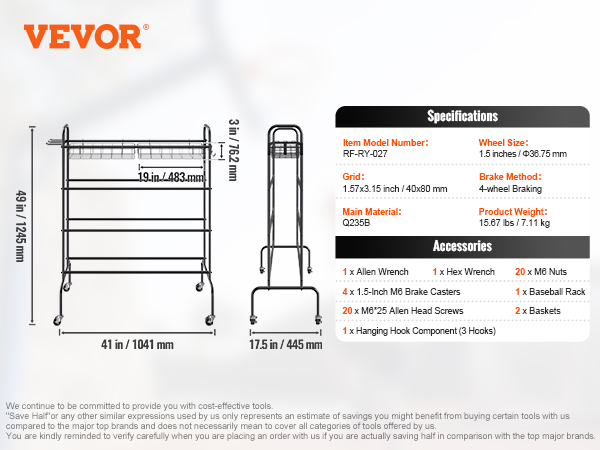 VEVOR basketball rack dimensions and specs, with accessories including wrenches, casters, and baskets.
