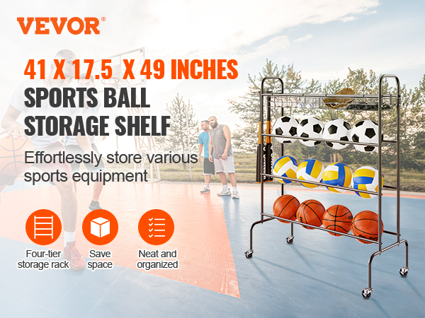 VEVOR basketball rack on an outdoor court, storing various balls with a four-tier shelf, save space.