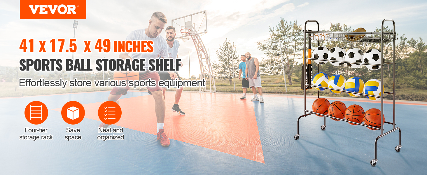 VEVOR basketball rack on an outdoor court, storing various balls with a four-tier shelf, save space.