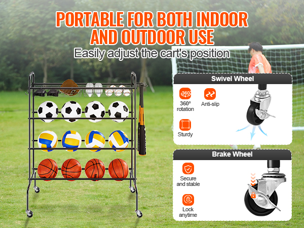 VEVOR basketball rack with multiple sports balls on lawn, featuring swivel and brake wheels.