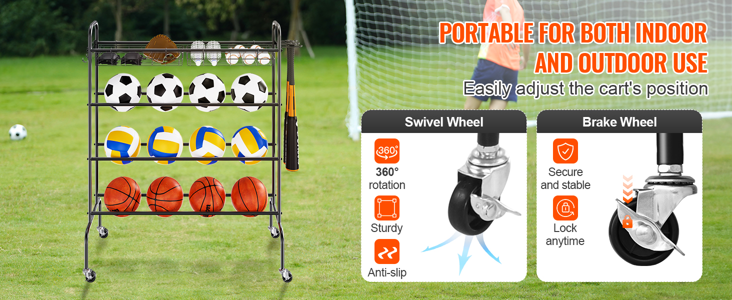 VEVOR basketball rack with multiple sports balls on lawn, featuring swivel and brake wheels.