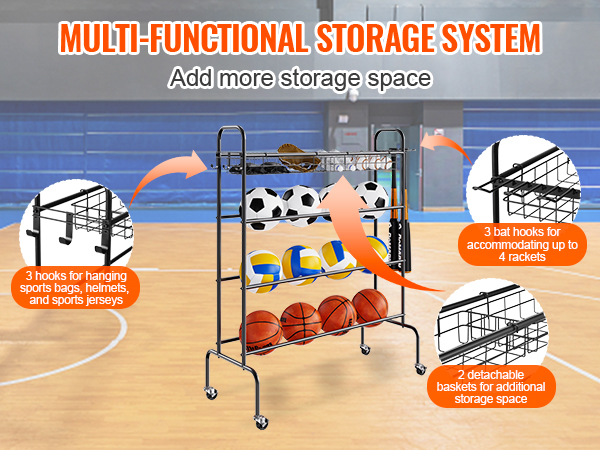 VEVOR basketball rack, multi-functional storage system with hooks for sports bags, rackets, and balls.