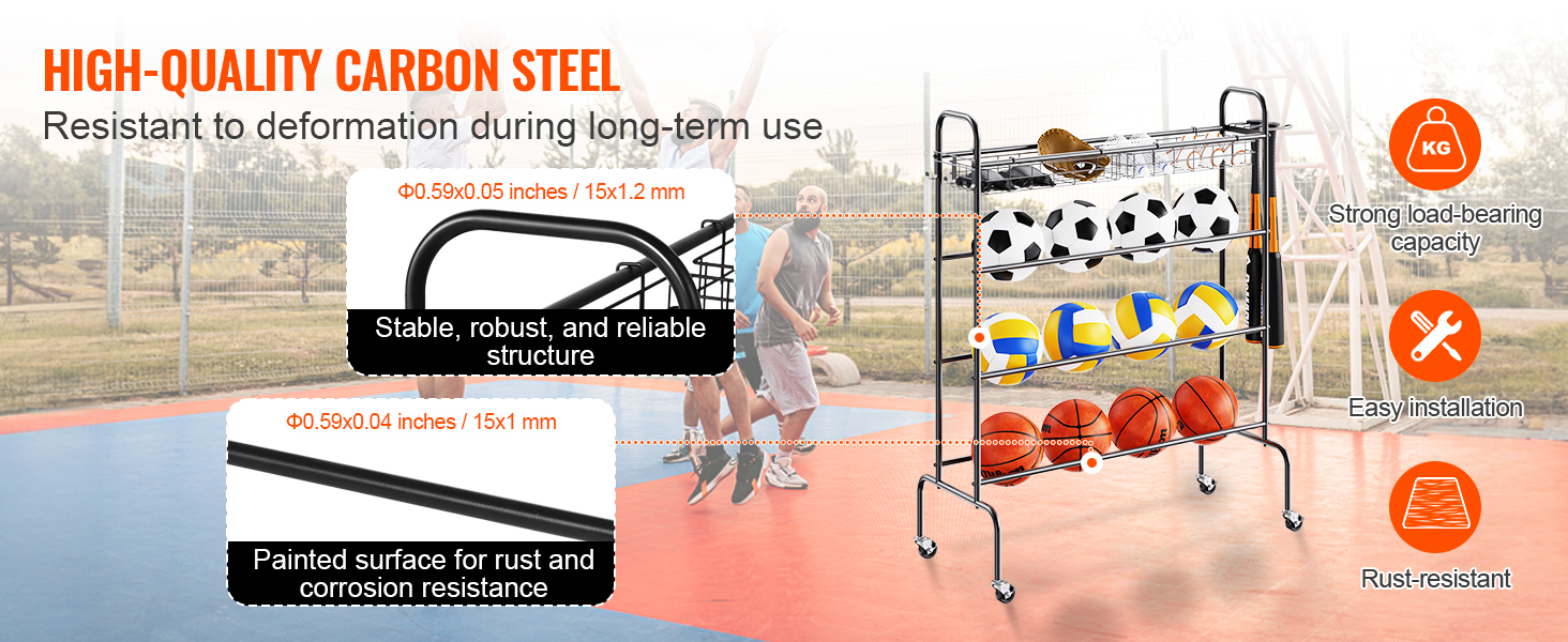 high-quality carbon steel VEVOR basketball rack with strong load-bearing capacity and rust resistance.