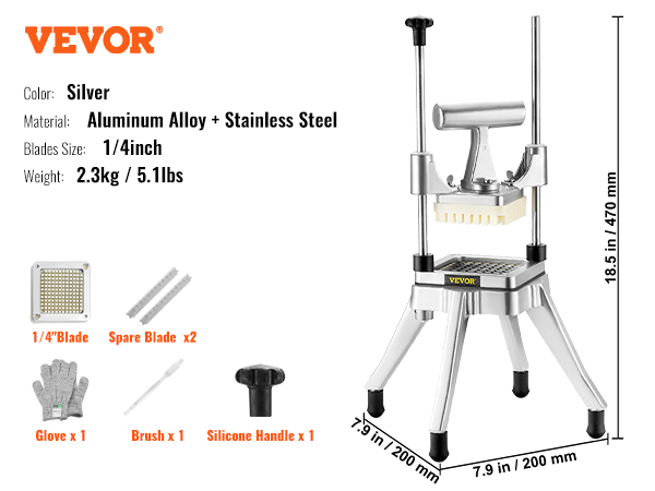 VEVOR commercial vegetable chopper, silver, aluminum alloy & stainless steel, 1/4" blades, 2.3kg.