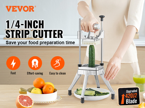 VEVOR commercial vegetable chopper cutting cucumber, surrounded by fresh fruits and sliced vegetables.