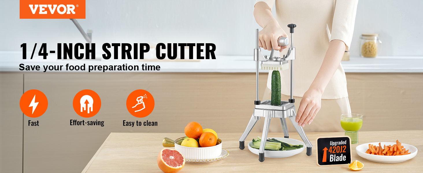 VEVOR commercial vegetable chopper cutting cucumber, surrounded by fresh fruits and sliced vegetables.