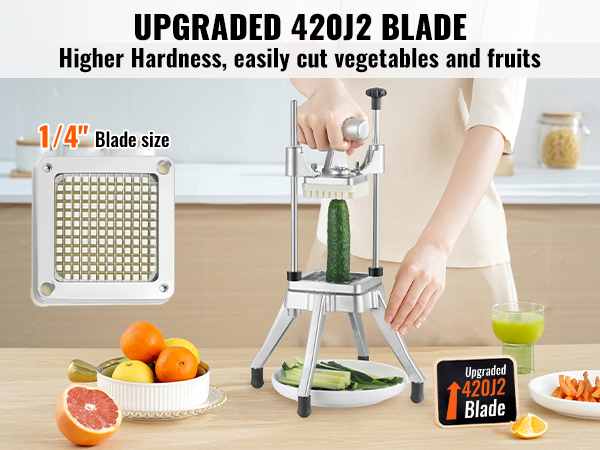 VEVOR commercial vegetable chopper with upgraded 420j2 blade and 1/4" blade size for easy cutting.