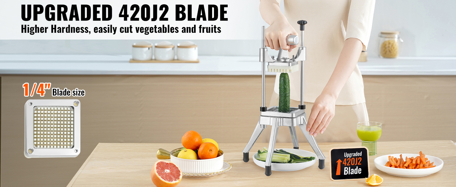 VEVOR commercial vegetable chopper with upgraded 420j2 blade and 1/4" blade size for easy cutting.