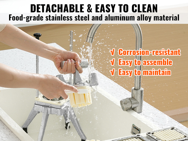 hands washing VEVOR commercial vegetable chopper parts under a kitchen faucet, emphasizing easy cleaning.
