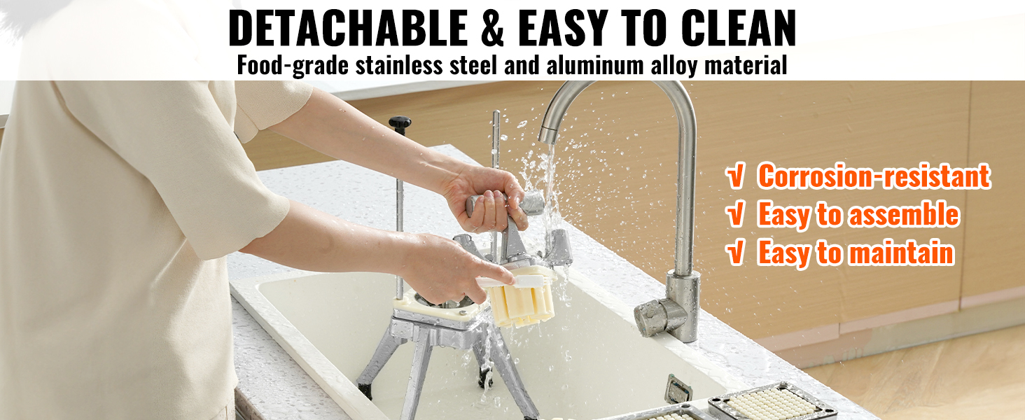 hands washing VEVOR commercial vegetable chopper parts under a kitchen faucet, emphasizing easy cleaning.