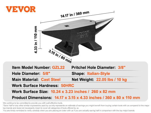 VEVOR viena raga uzliktnis, 22,05 lbs, itāļu stila lietais tērauds, 14,17 x 3,15 x 4,33 collas, gzl22 modelis.