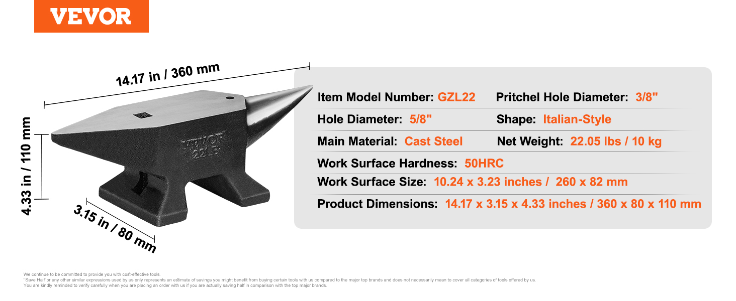 VEVOR viena raga uzliktnis, 22,05 lbs, itāļu stila lietais tērauds, 14,17 x 3,15 x 4,33 collas, gzl22 modelis.