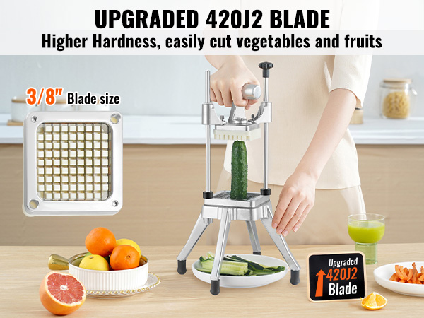 VEVOR vegetable chopper with upgraded 420j2 blade, cutting a cucumber. blade size: 3/8".