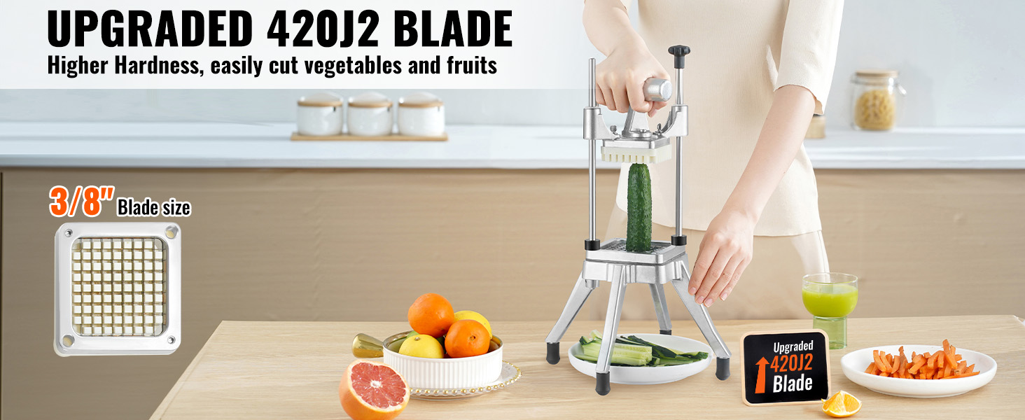 VEVOR vegetable chopper with upgraded 420j2 blade, cutting a cucumber. blade size: 3/8".