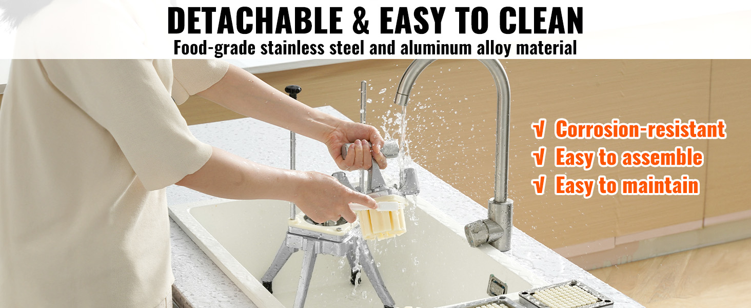 cleaning the VEVOR vegetable chopper under a faucet; stainless steel, easy to assemble and maintain.