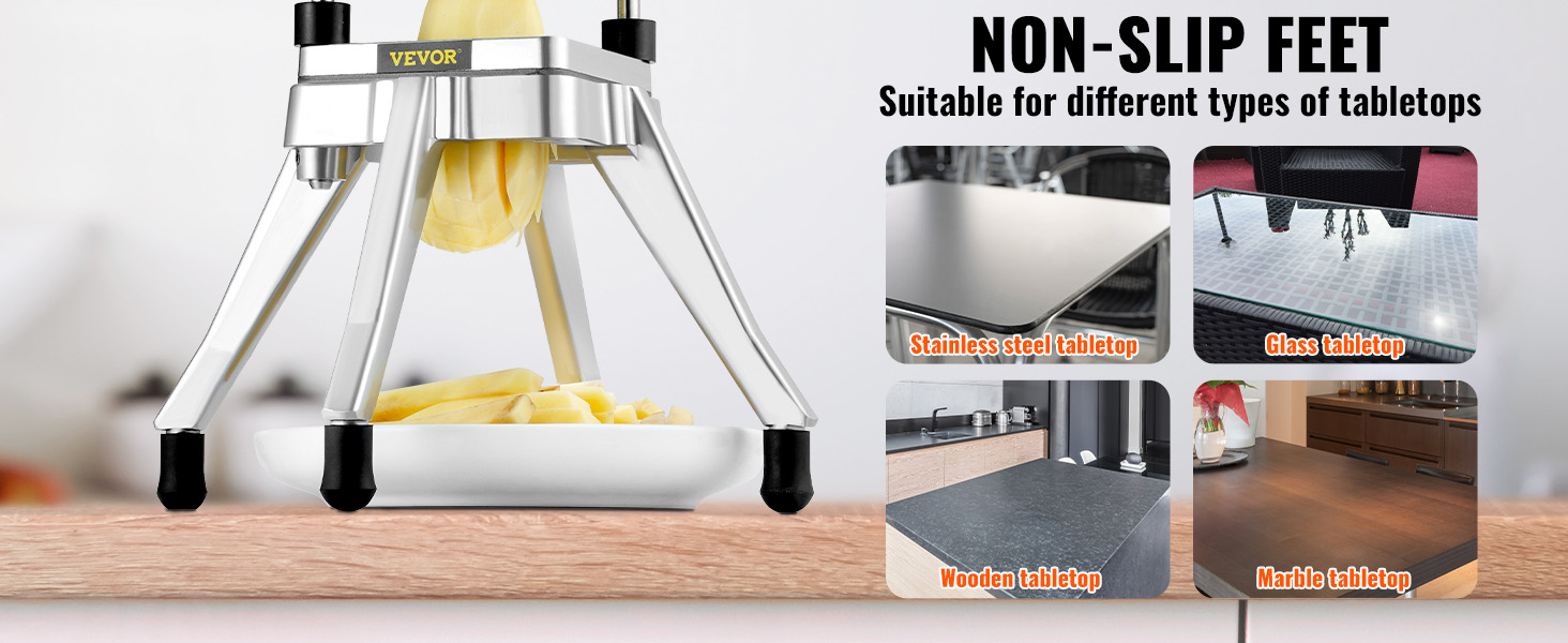 VEVOR vegetable chopper with non-slip feet slicing potatoes, suitable for various tabletops.