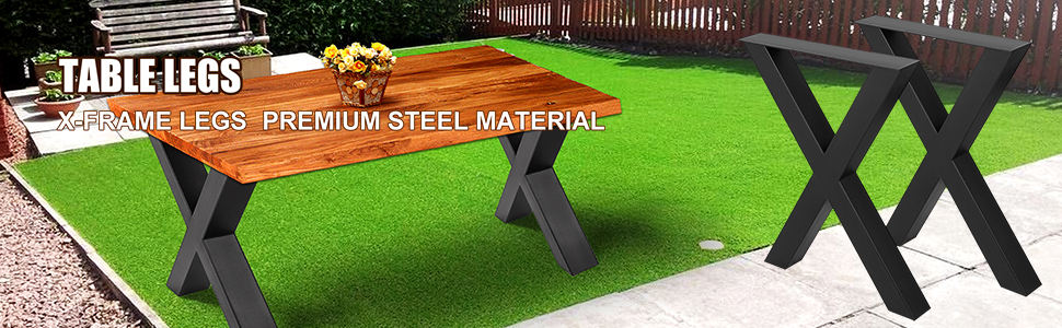 wood table with VEVOR steel table legs on green lawn next to x-frame steel legs.
