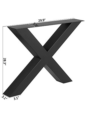 black x-shaped VEVOR steel table legs with dimensions: 29.9" width, 28.3" height.
