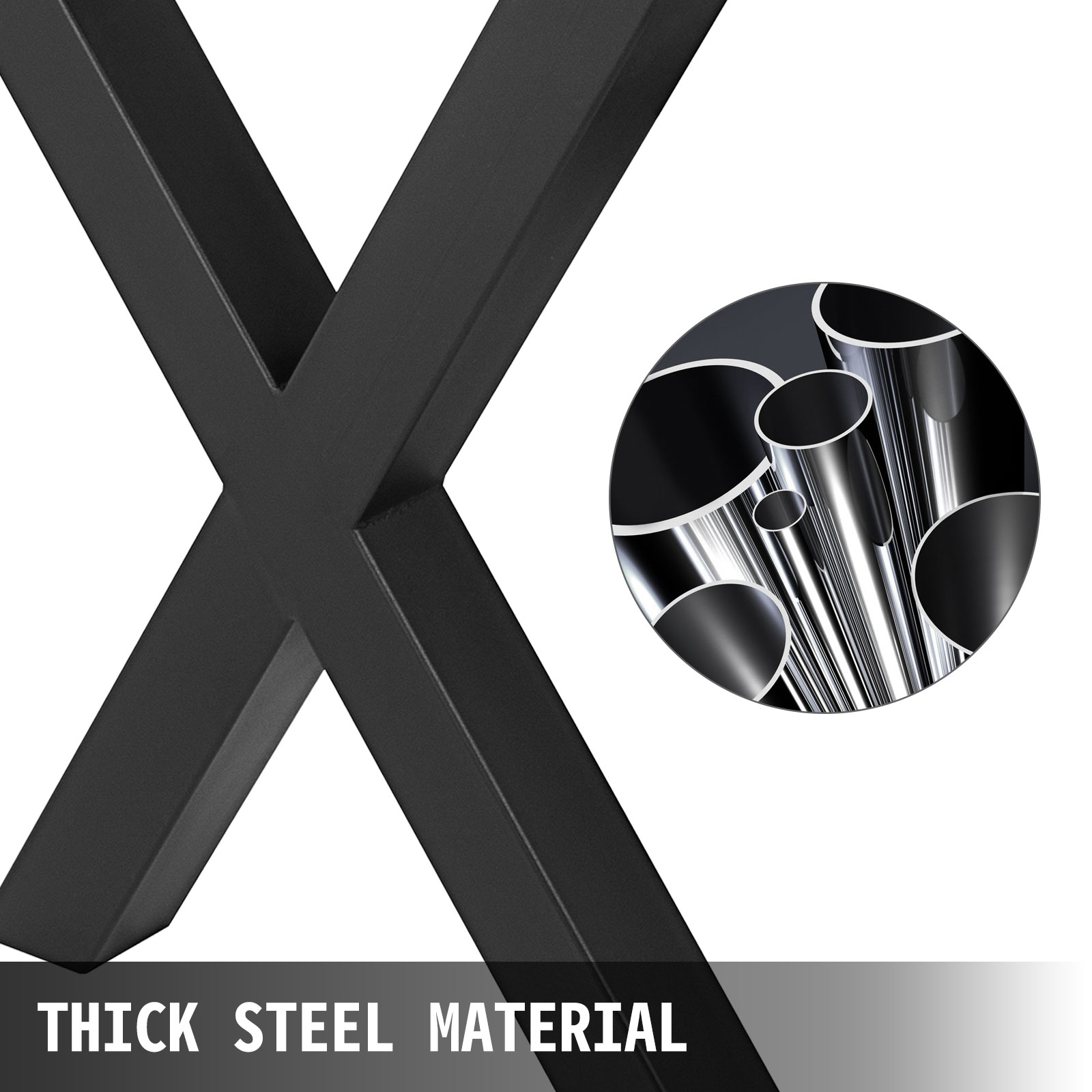 VEVOR steel table legs with thick steel material and closeup of metal tubes.