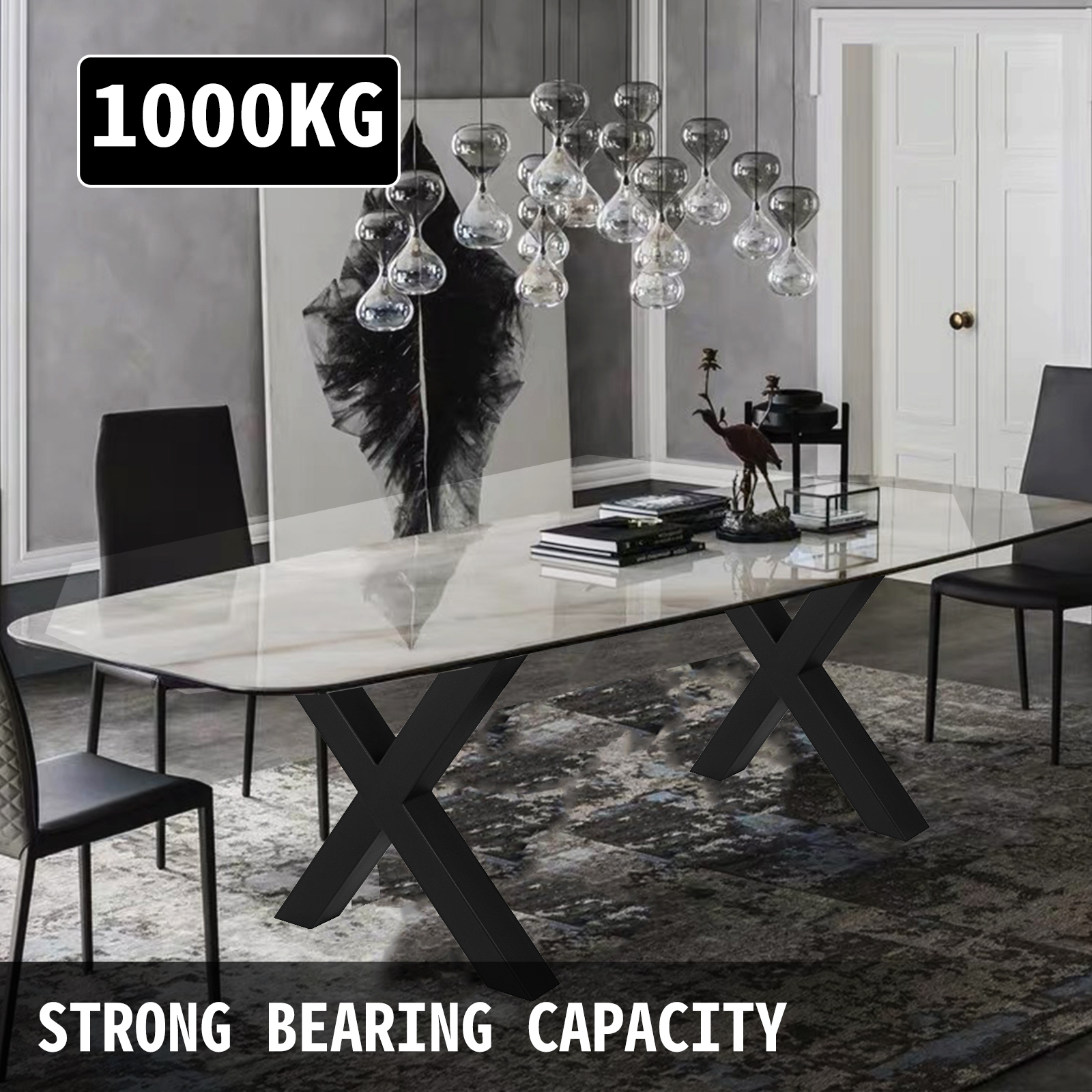 modern dining room with glass tabletop and VEVOR steel table legs, strong bearing capacity.