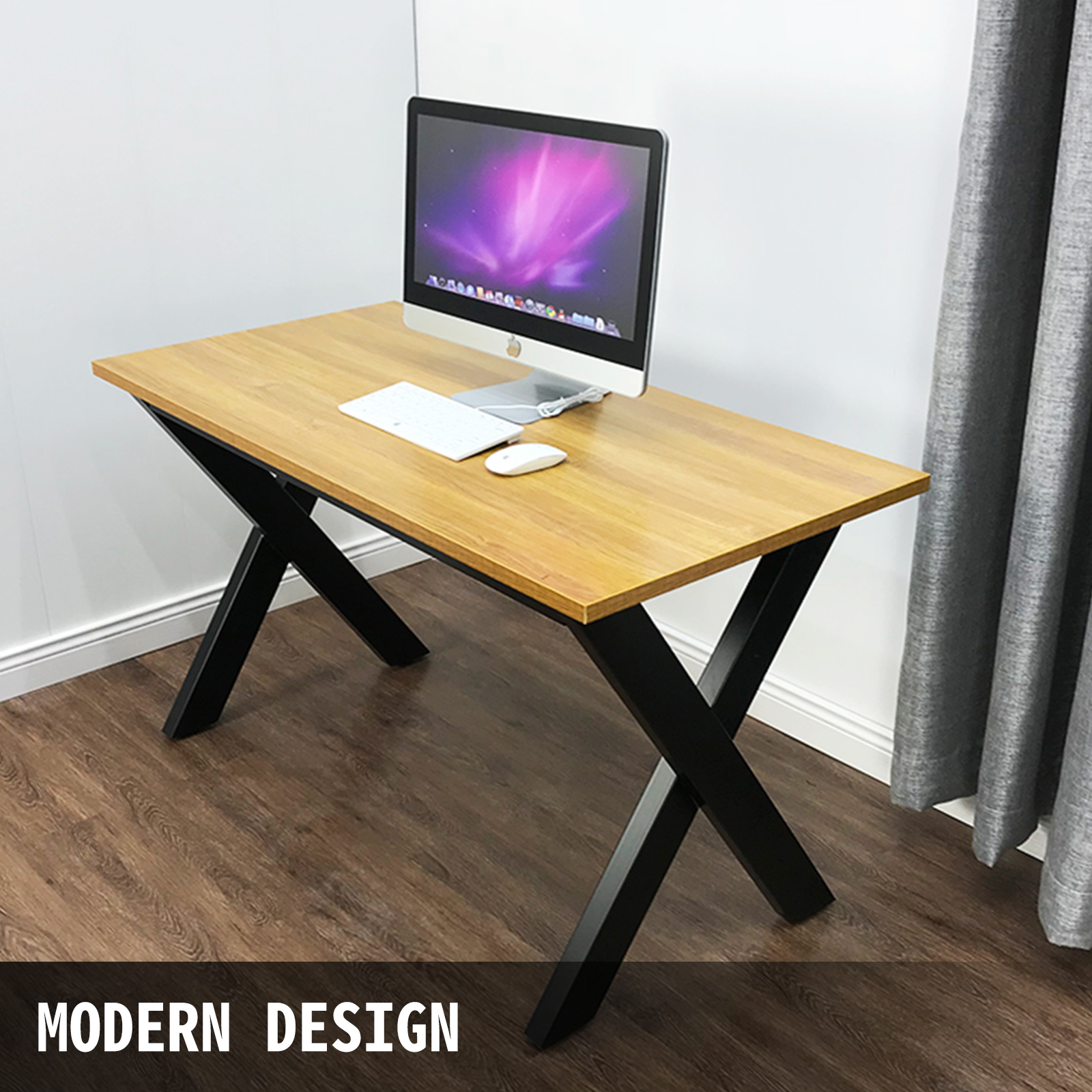 modern desk with VEVOR steel table legs, wood top, imac, keyboard, and mouse.