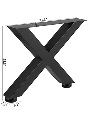 black VEVOR steel table legs in x-shape with dimensions labeled.