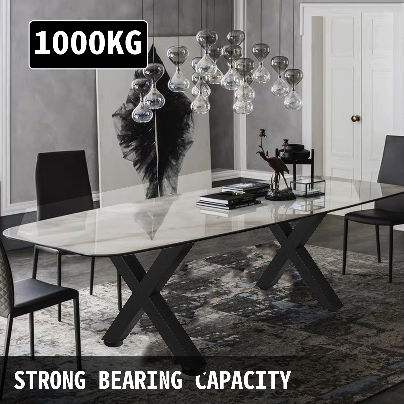 VEVOR steel table legs support a sleek dining table with 1000kg weight capacity.