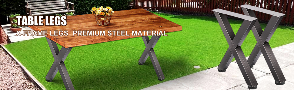 wooden table with x-frame VEVOR steel table legs on green lawn.