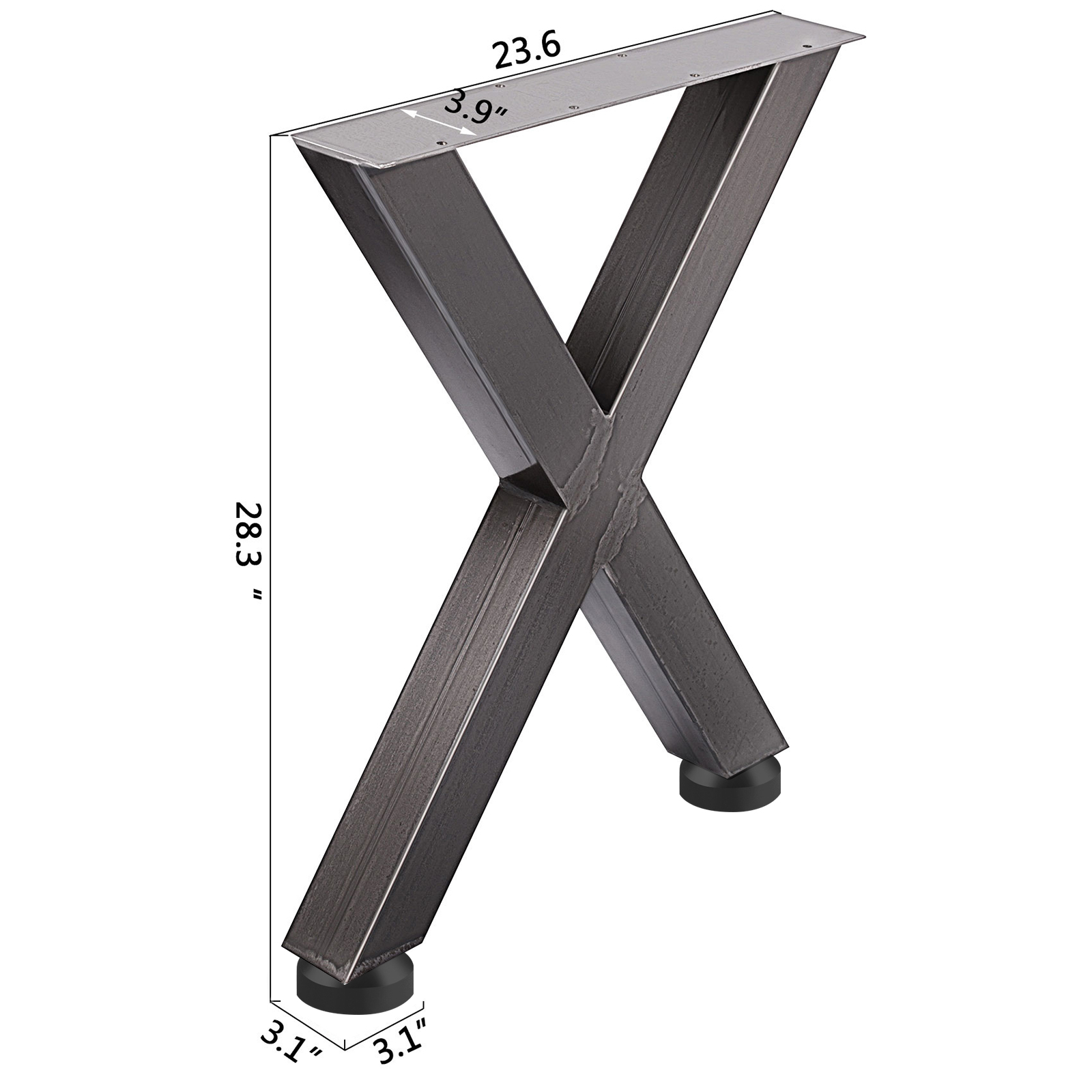 VEVOR steel table legs in black, x-shaped, with measurements marked for dimensions.