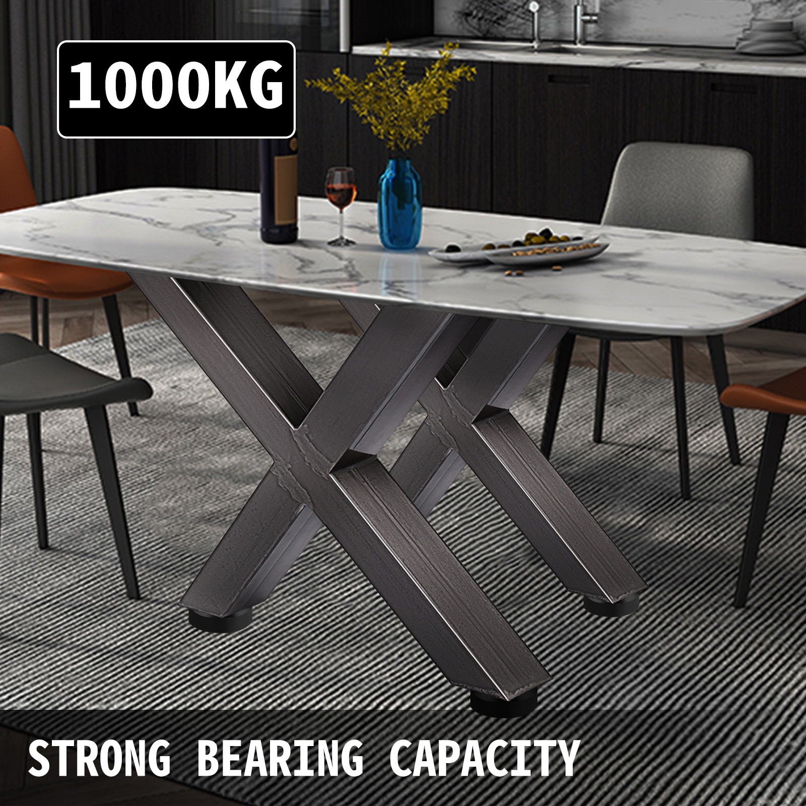 VEVOR steel table legs support marble tabletop with 1000kg bearing capacity in a modern kitchen.