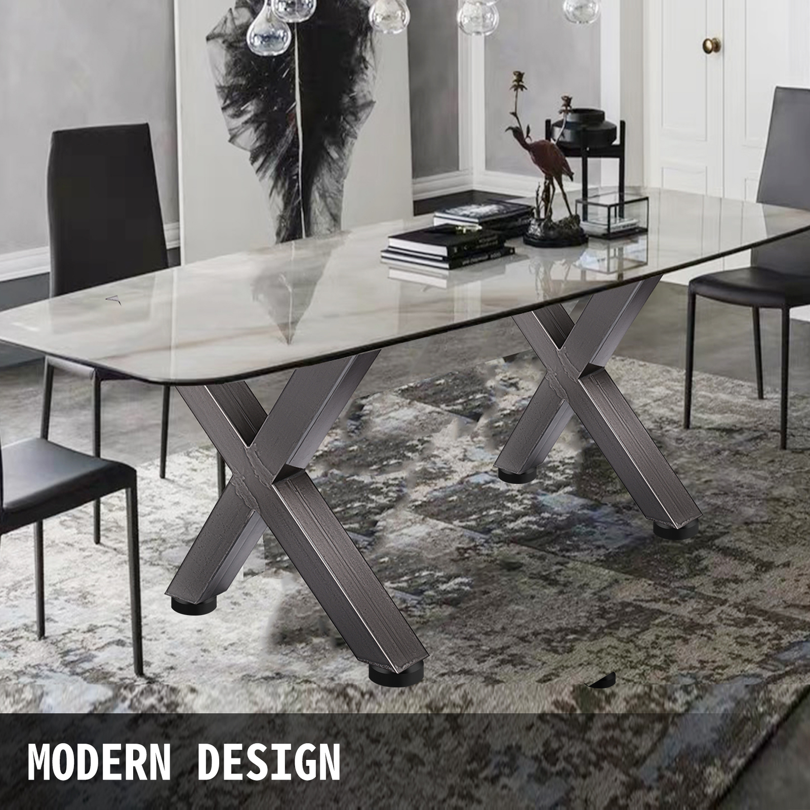 modern dining table with VEVOR steel table legs and abstract artwork in background.