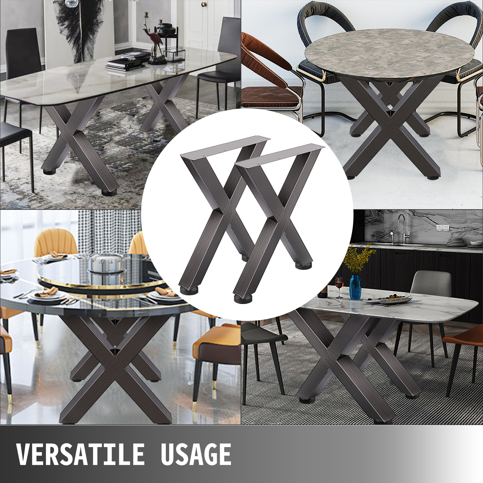 VEVOR steel table legs in various dining setups showcasing versatility.