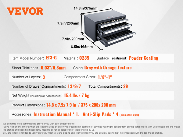 VEVOR end mill dispenser cabinet, 3 layers, 29 compartments, gray with orange texture, 14.8 x 7.9 x 7.9 in.