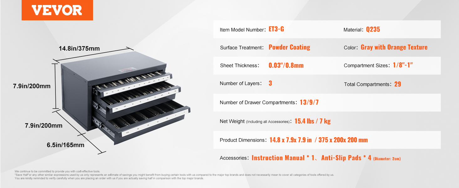VEVOR end mill dispenser cabinet, 3 layers, 29 compartments, gray with orange texture, 14.8 x 7.9 x 7.9 in.