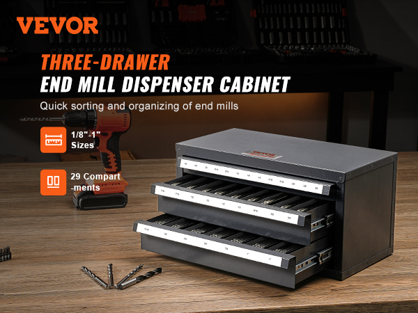 VEVOR end mill dispenser cabinet with three drawers, drill, end mills, and wooden workbench.