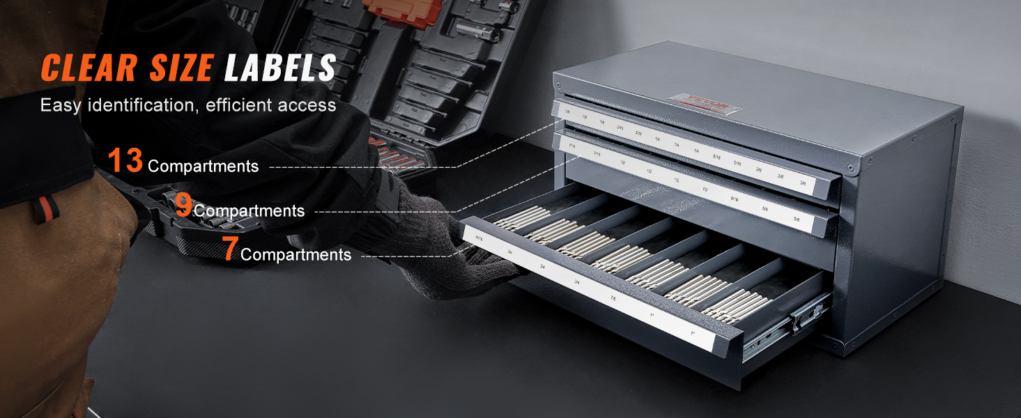VEVOR end mill dispenser cabinet with clear size labels and multiple compartments for organized storage.