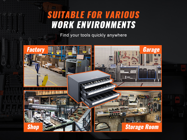 stackable VEVOR end mill dispenser cabinet with ball bearing slides, wide handle lip, and anti-slip pads.