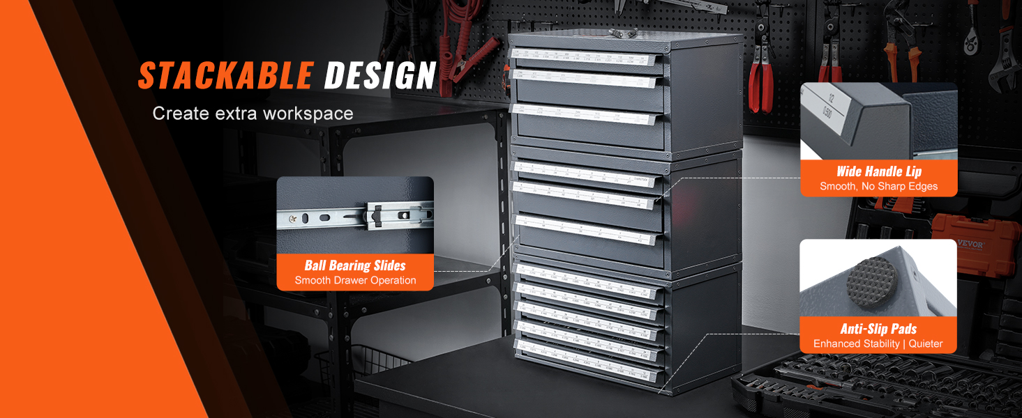 stackable VEVOR end mill dispenser cabinet with ball bearing slides, wide handle lip, and anti-slip pads.