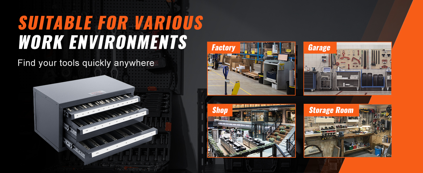 VEVOR end mill dispenser cabinet for factory, garage, shop, and storage room organization.
