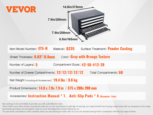 VEVOR tap dispenser cabinet, gray with orange texture, 5 layers, 60 compartments, compact dimensions.