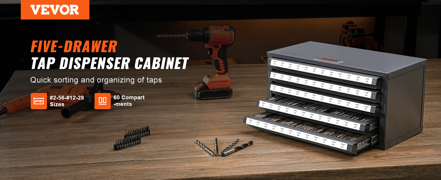 VEVOR tap dispenser cabinet with five drawers, and tap sizes displayed; orange drill in the background.