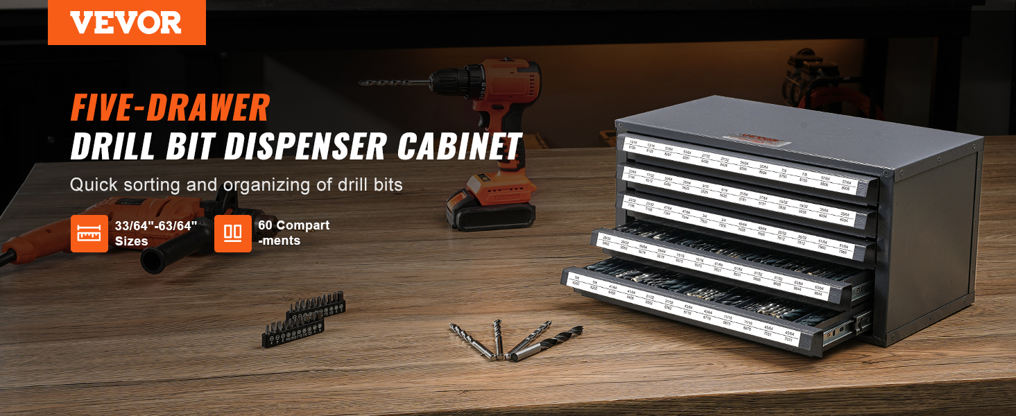 VEVOR drill bit organizer with five drawers on a workbench, drill bits, and electric drill in the background.