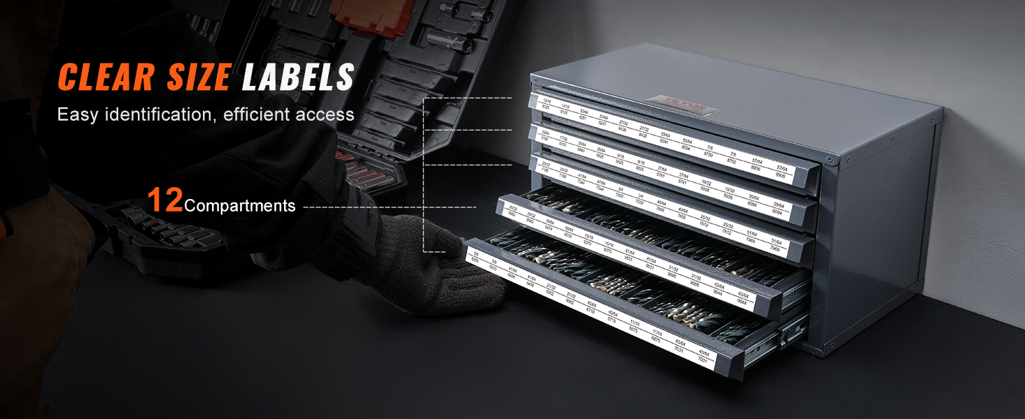 VEVOR drill bit organizer with clear size labels, 12 compartments for easy identification and access.