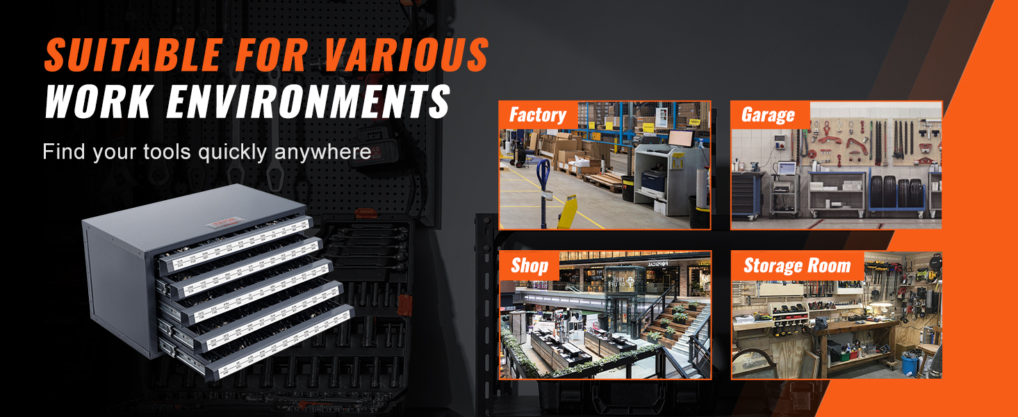 VEVOR drill bit organizer for factory, garage, shop, storage room - suitable for various environments.